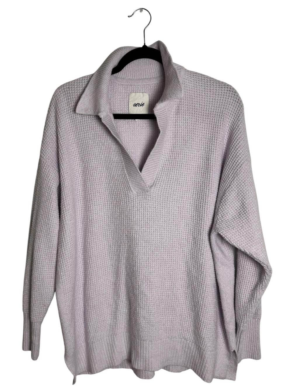 Aerie CozyUp Waffle Polo Sweater Lavender Dawn Purple Small